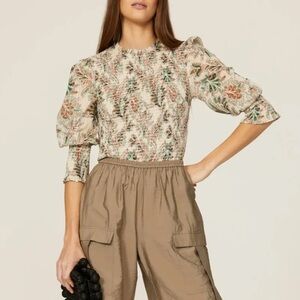 Veronica Beard Kali Floral Smocked Blouse in Stone Multi size 0 $398